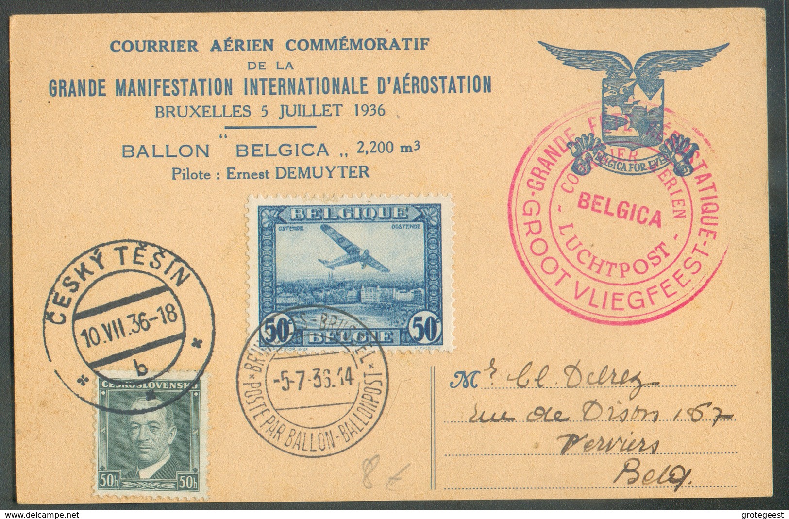 Carte Courrier Aérien Commémoratif Affr; Mixte Belgique Tchécoslovaquie Dc Rouge GRANDE FETE AERONAUTIQUE BELGICA 5-7-19 - Sonstige & Ohne Zuordnung