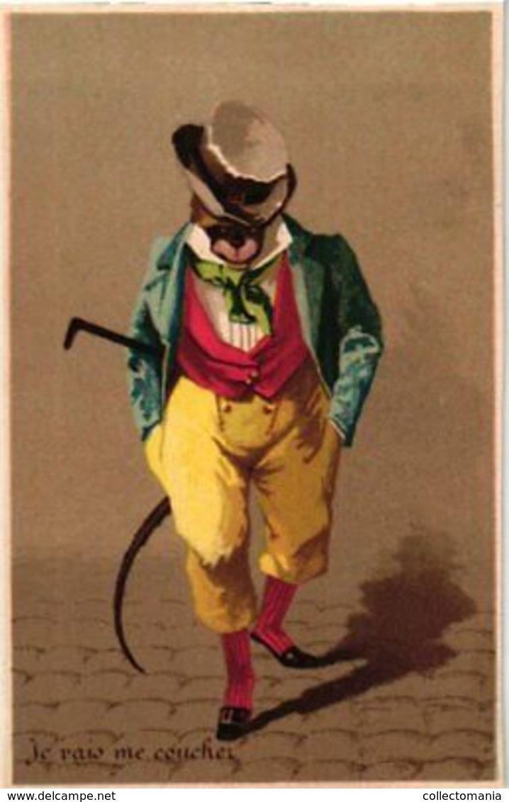 8 Trade Cards Dressed Monkey Dancing, Eating Dressed As A Gentleman Musician Anthropomorphic C1890 Litho - Autres & Non Classés