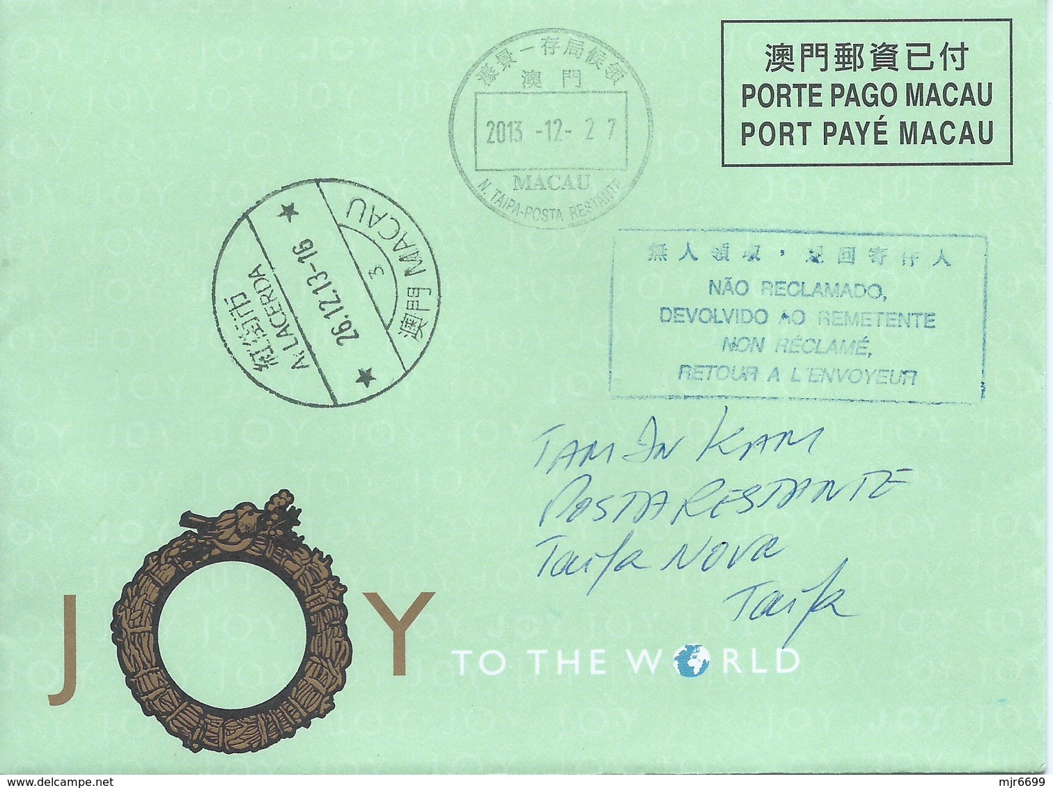 MACAU 2013 CHRISTMAS GREETING CARD & POSTAGE PAID COVER USAGE TO TAIPA - Postwaardestukken