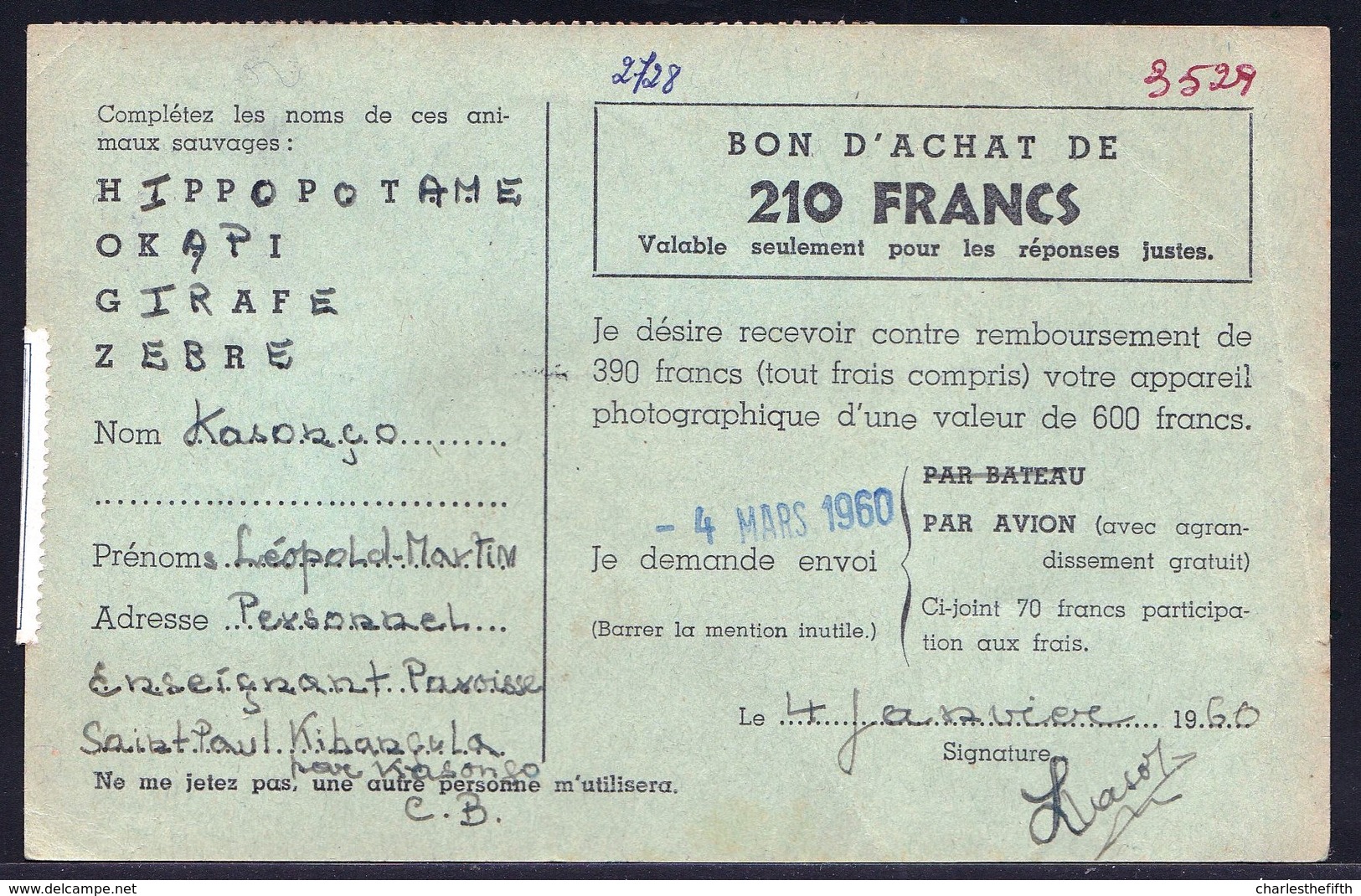 RUANDA 04 Mars 1960 - CARTE REPONSE MAL TIMBREE 345 CONGO BELGE - KASONGO > OSTENDE --- RARE ! - Used Stamps