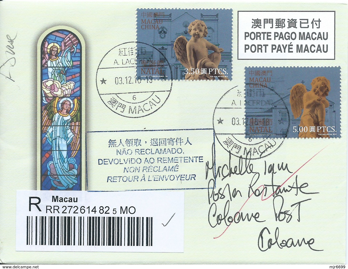 MACAU 2018 CHRISTMAS GREETING CARD & POSTAGE PAID COVER REGISTERD USAGE TO COLOANE, BEAUTIFUL COVER & CARD - Ganzsachen