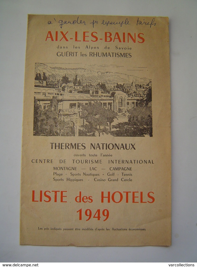 DEPLIANT TOURISME 1949 : LISTE D' HOTELS / STATION THERMALE - AIX LES BAINS / SAVOIE - Dépliants Touristiques