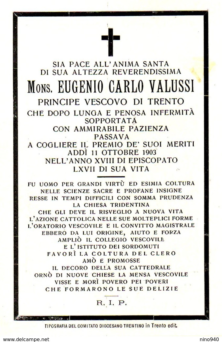 LUTTINO: Mons. EUGENIO CARLO VALUSSI - Principe Vescovo Di Trento - M. 1903 - Religione & Esoterismo