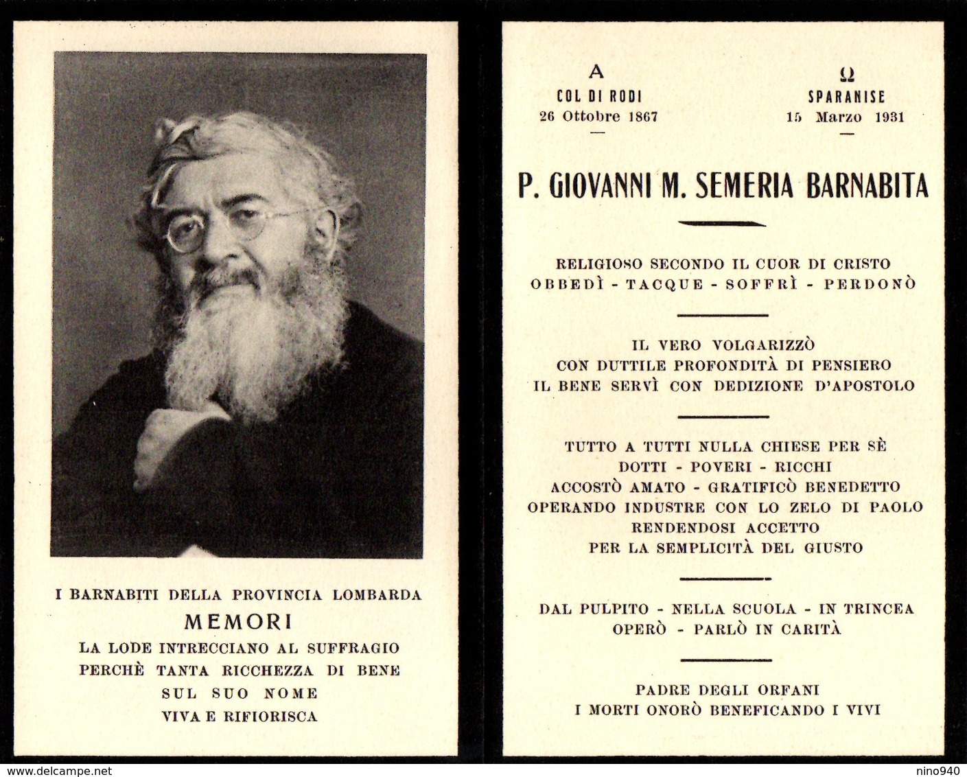 LUTTINO: P. GIOVANNI M. SEMERIA Barnabita - M. A Sparanise Nel 1931 - Religione & Esoterismo
