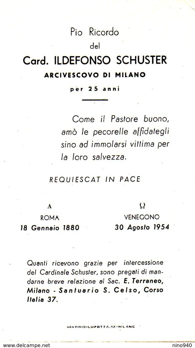 LUTTINO: Card. ILDEFONSO SCHUSTER - Arcivescovo Di Milano - M. A Venegono Il 30 Agosto 1954 - Religion & Esotérisme