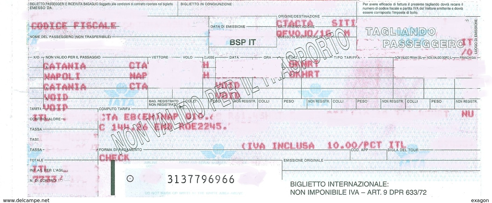 PASSENGER TICKET AND BAGGAGE CKECK  - MERIDIANA 2000 - CT /NA - Europe
