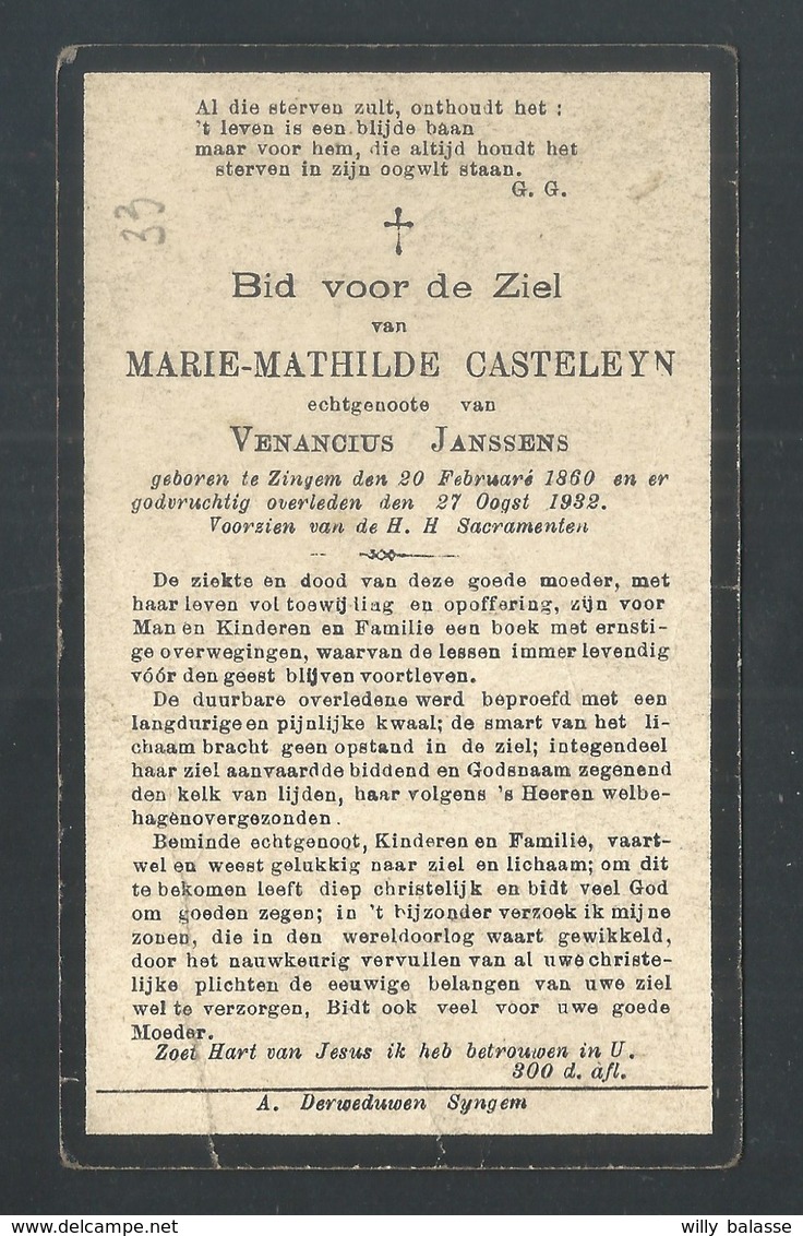 +++ Image Mortuaire Religieuse - Décès - Souvenir Pieux - CASTELEYN - ZINGEM 1860 - 1932  // - Décès