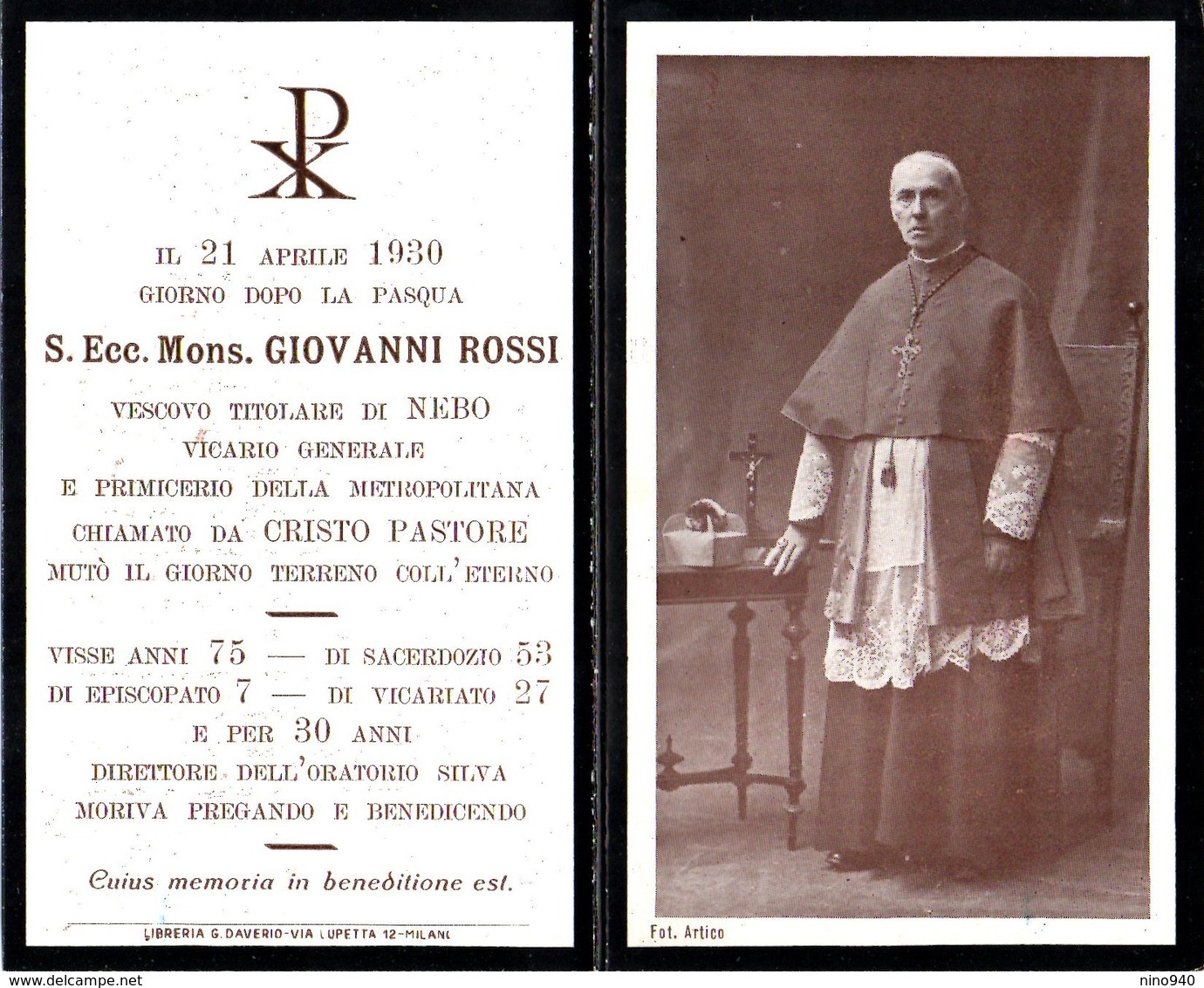 LUTTINO: Mons. GIOVANNI ROSSI Vescovo Titolare Di Nebo E Primicerio Della Metropolitana - M. Il 21 Aprile 1930 - Religione & Esoterismo