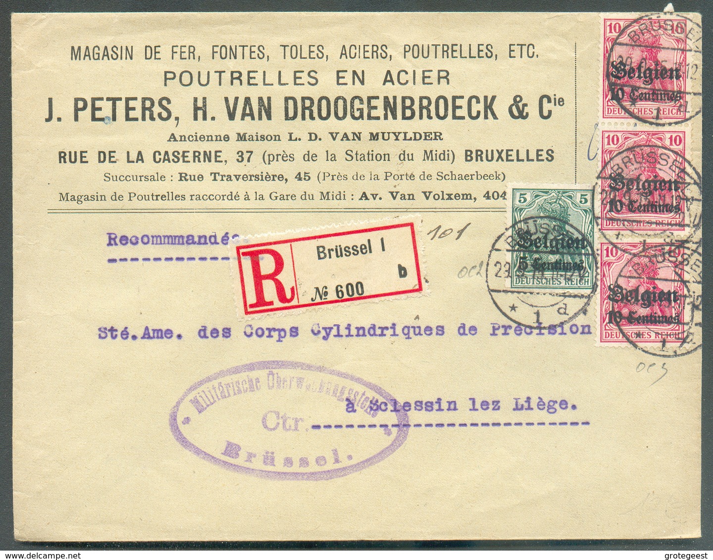 Belgium - Poutrelles En Acier Peters Et Van Droogenbroeck Fontes Toles Lettre Recommandé De Bruxelles Le 29-9-1915 Vers - Usines & Industries