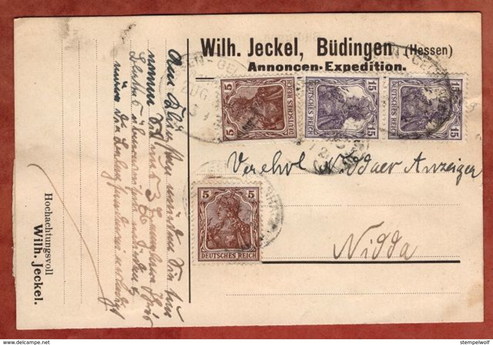 Karte, Wilh Jeckel Buedingen, Germania, Per Bahnpost Giessen-?, Nach Nidda 1921 (92202) - Briefe U. Dokumente