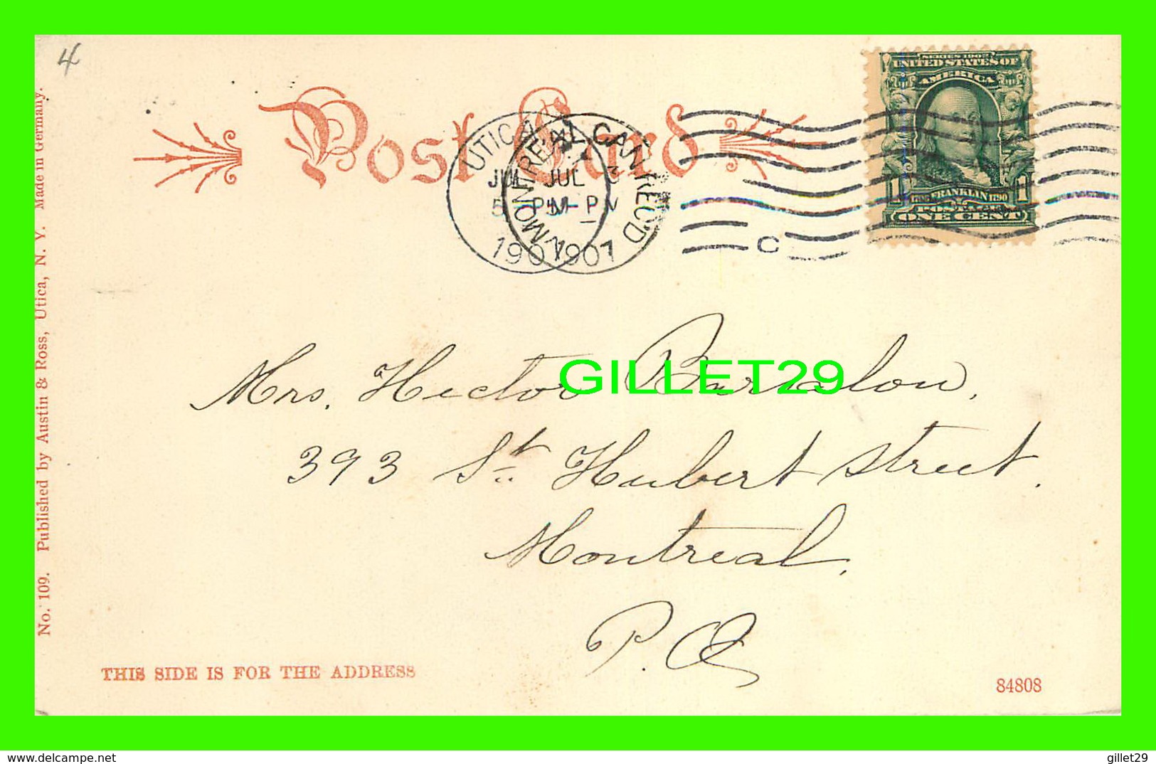 UTICA, NY - THE SAVING BANK OF UTICA - TRAVEL IN 1907 - UNDIVIDED BACK - PUB. BY AUSTIN & ROSS - - Utica