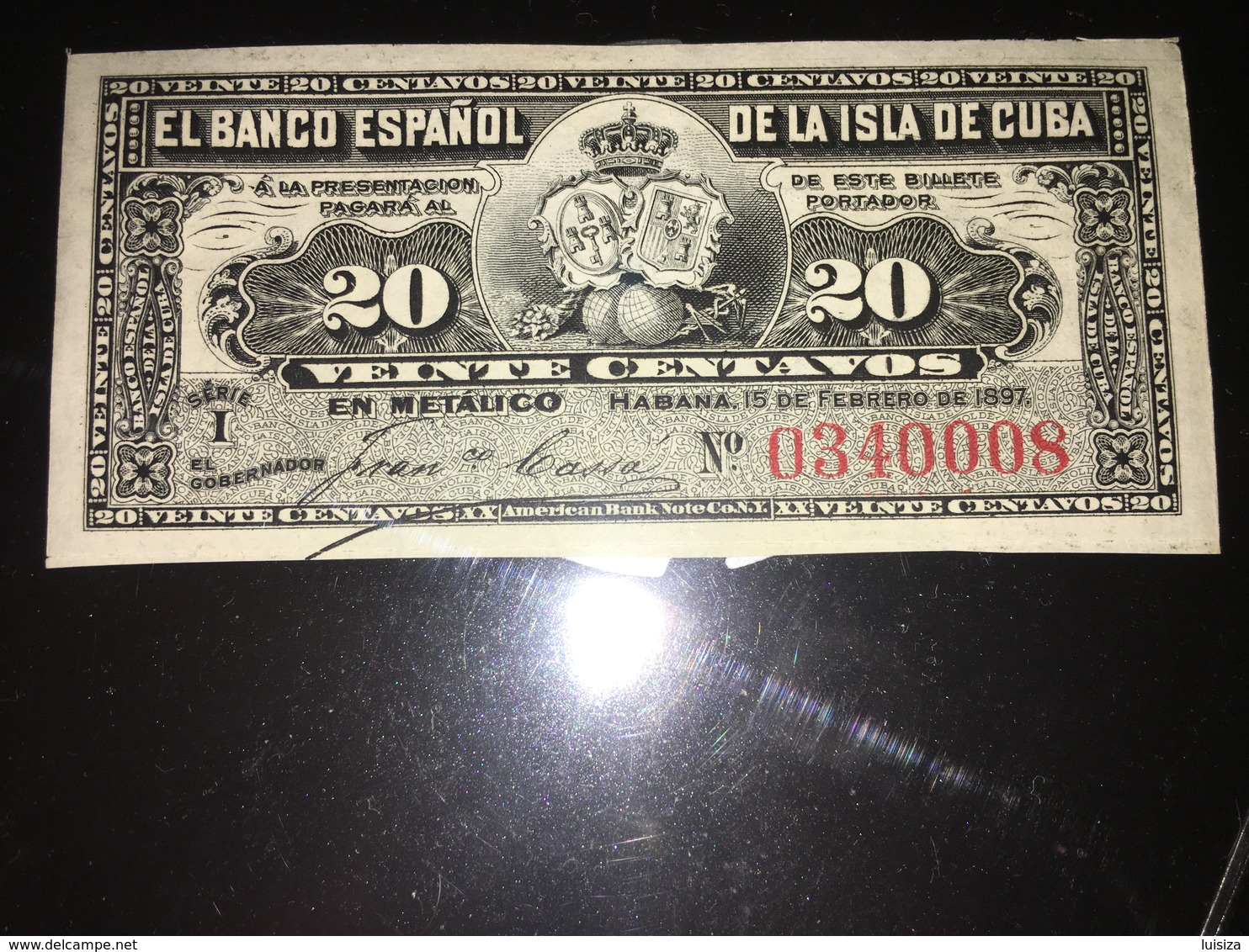 See Photographs. 1897 Cuba 20 Centavos Banknote. EL BANCO ESPANOL - Cuba
