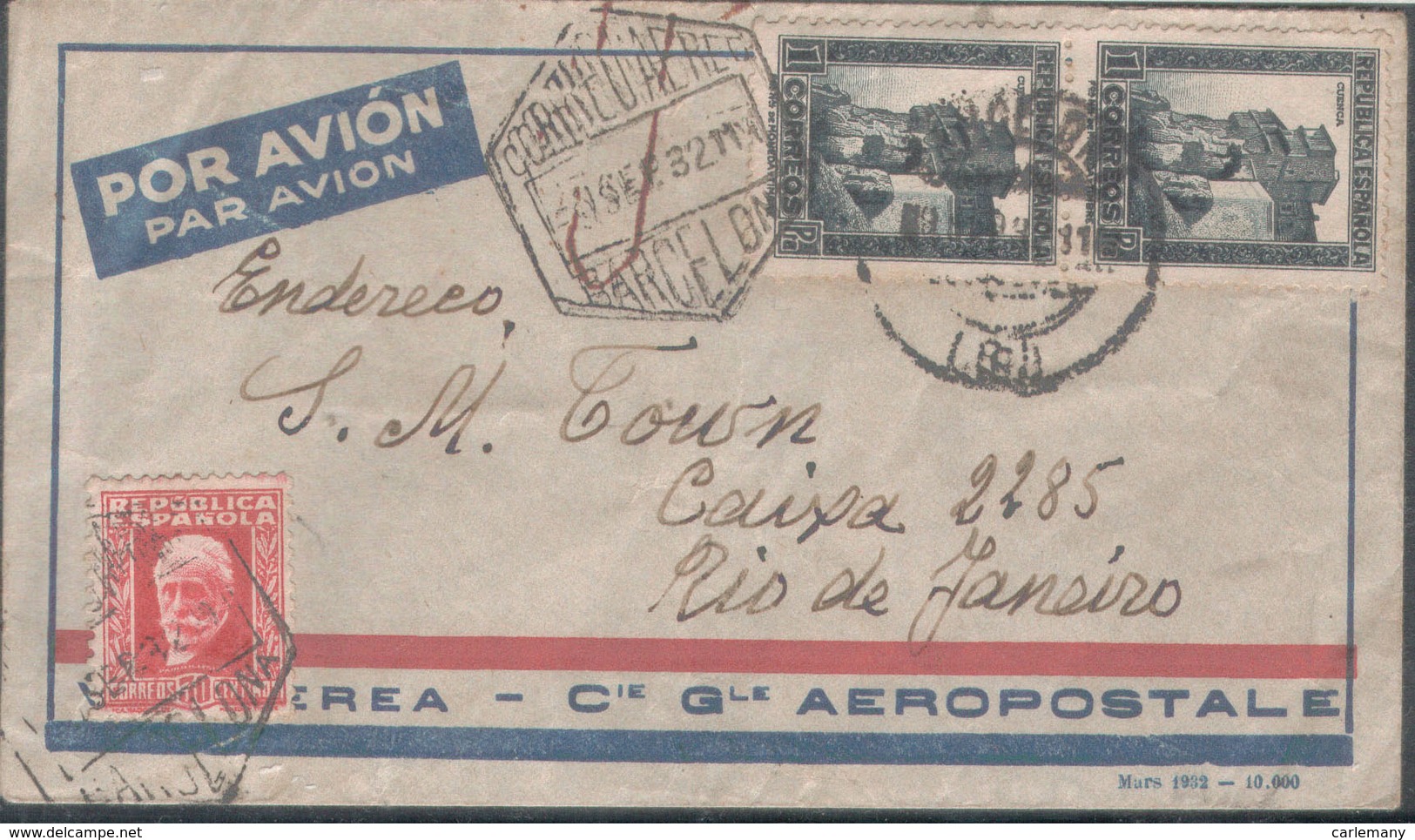 Enveloppe Cover Cia Gle.aereopostale 1932  BARCELONA-RIO DE JANEIRO - Sud America