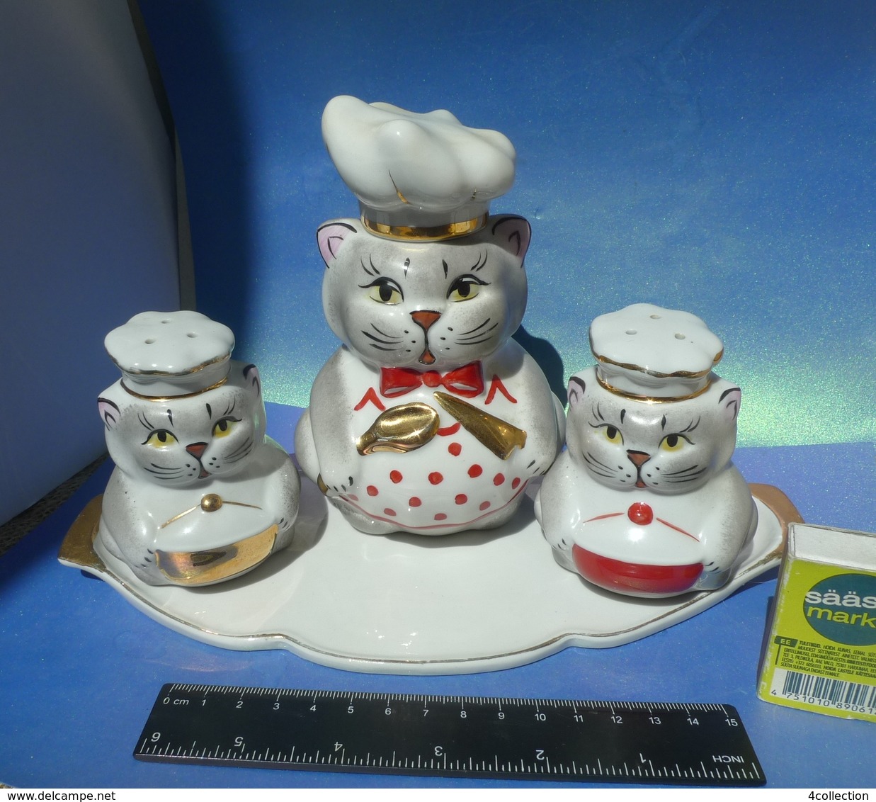 VTG Pottery Russia Gardner Verbilky CATS Figural Salt Pepper Shaker Bottle Tray - Autres & Non Classés