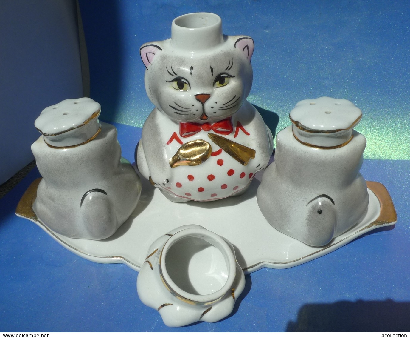 VTG Pottery Russia Gardner Verbilky CATS Figural Salt Pepper Shaker Bottle Tray - Other & Unclassified