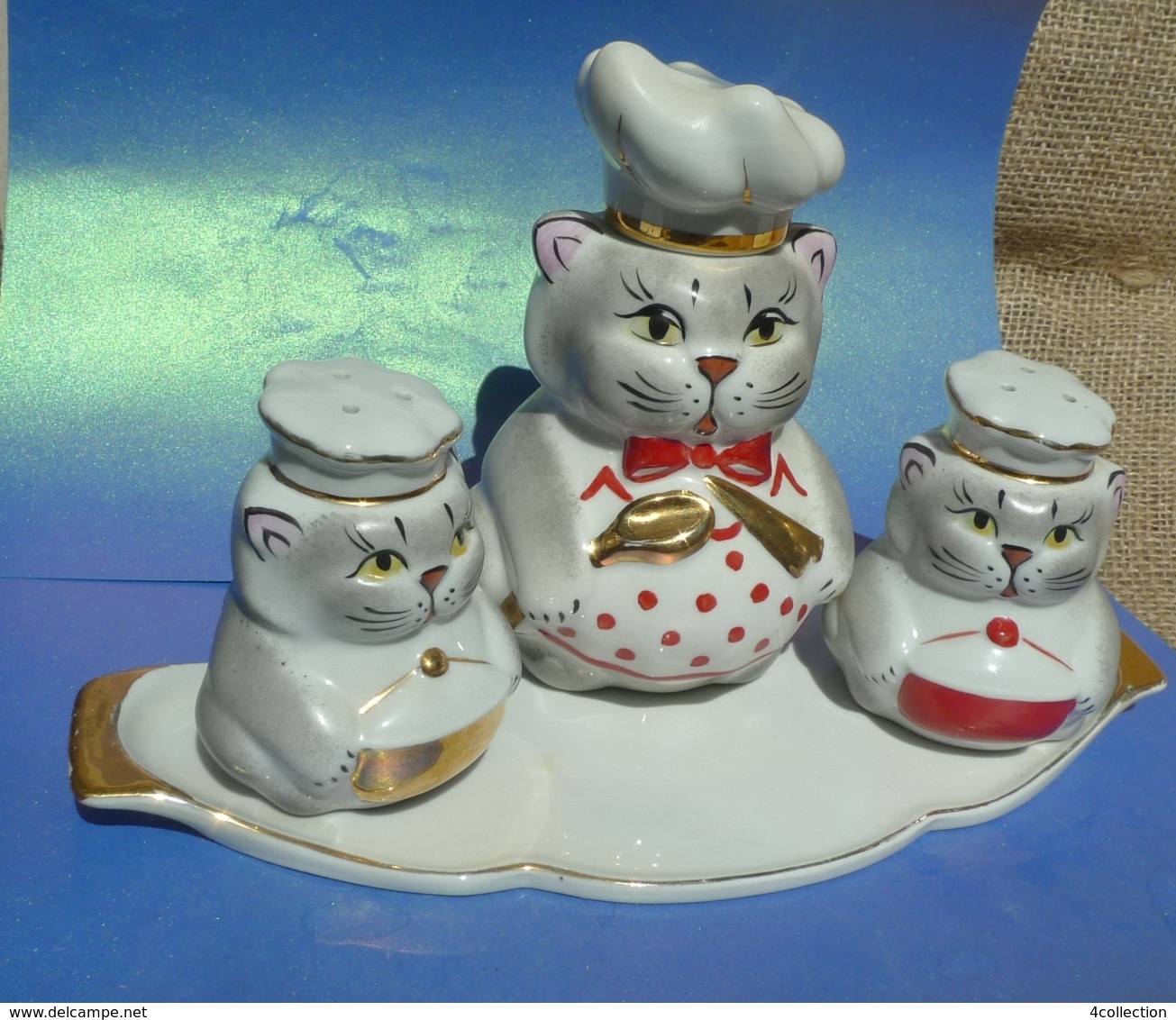 VTG Pottery Russia Gardner Verbilky CATS Figural Salt Pepper Shaker Bottle Tray