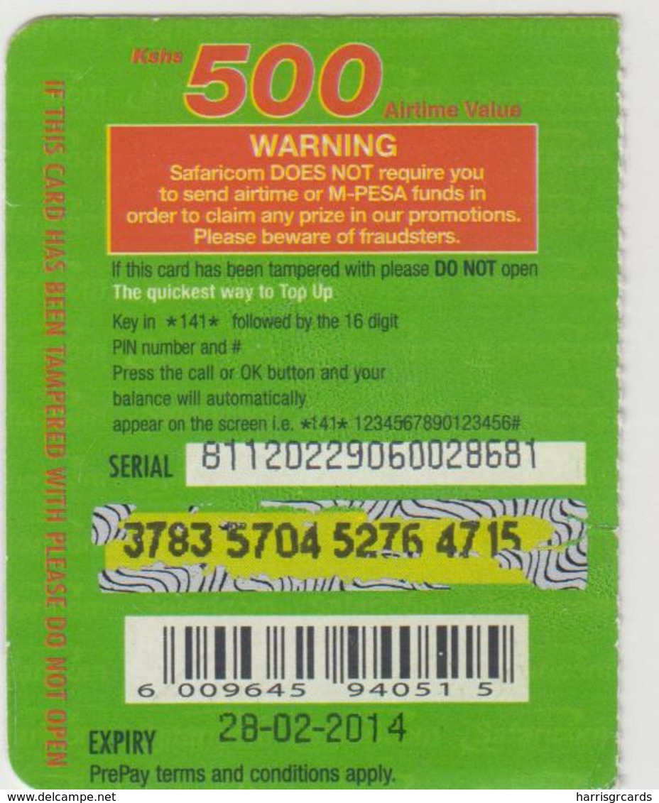 KENYA - Volcano, Safaricom (Half Size) Card , Expiry Date:28/02/2014, 500 Ksh Used - Kenia