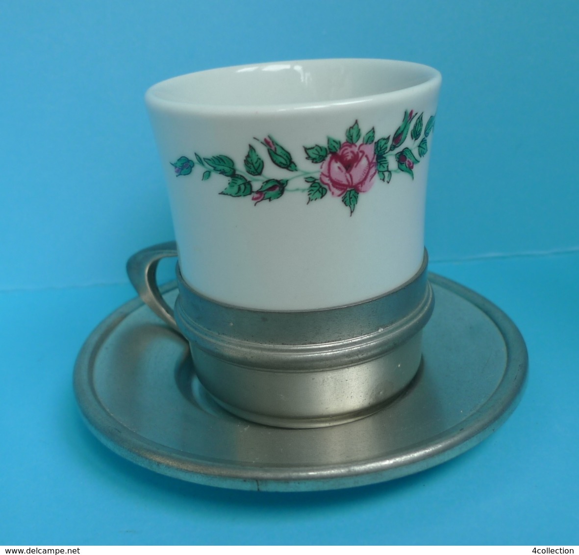 Old VTG Germany SKS Design ZINN 95% Metal Tea Coffee Cup Holder Cup Saucer Set - Autres & Non Classés