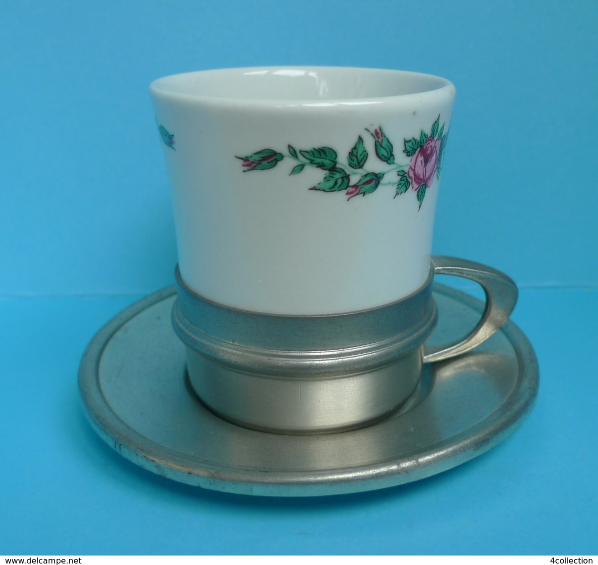 Old VTG Germany SKS Design ZINN 95% Metal Tea Coffee Cup Holder Cup Saucer Set - Altri & Non Classificati