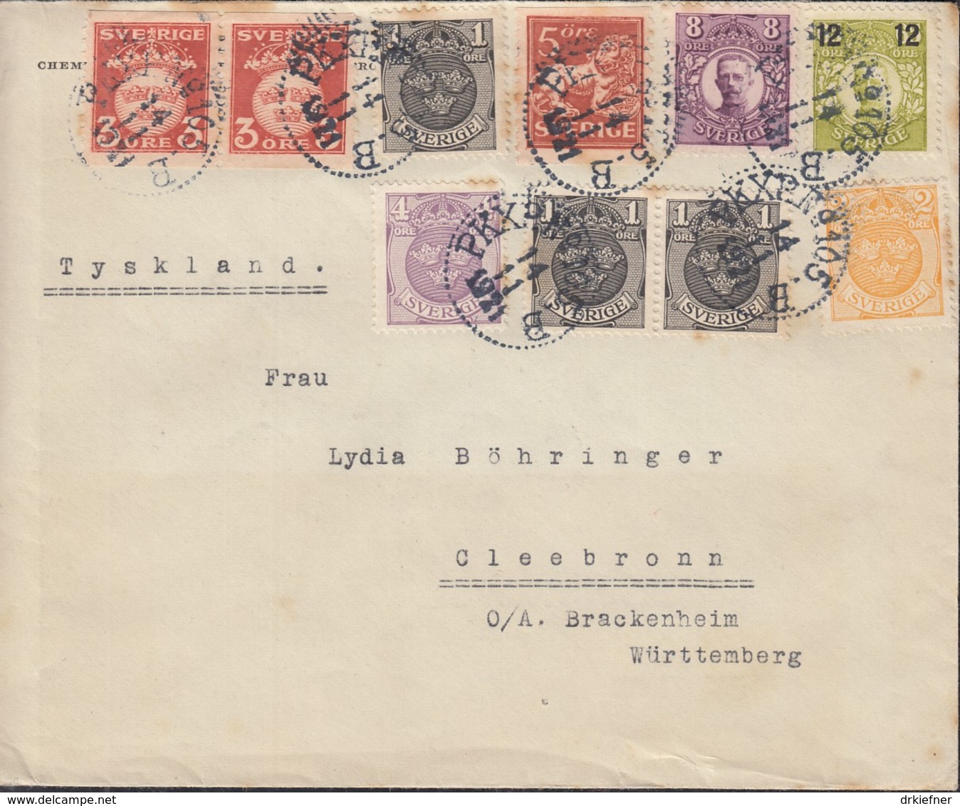 SCHWEDEN 3x 57, 58, 59, 2x 66, 70, 111, 2x 125 AW, 174 II MiF, Auf Auslands-Brief Gestempelt: PKXP No. 105 B  14.11.1921 - Briefe U. Dokumente