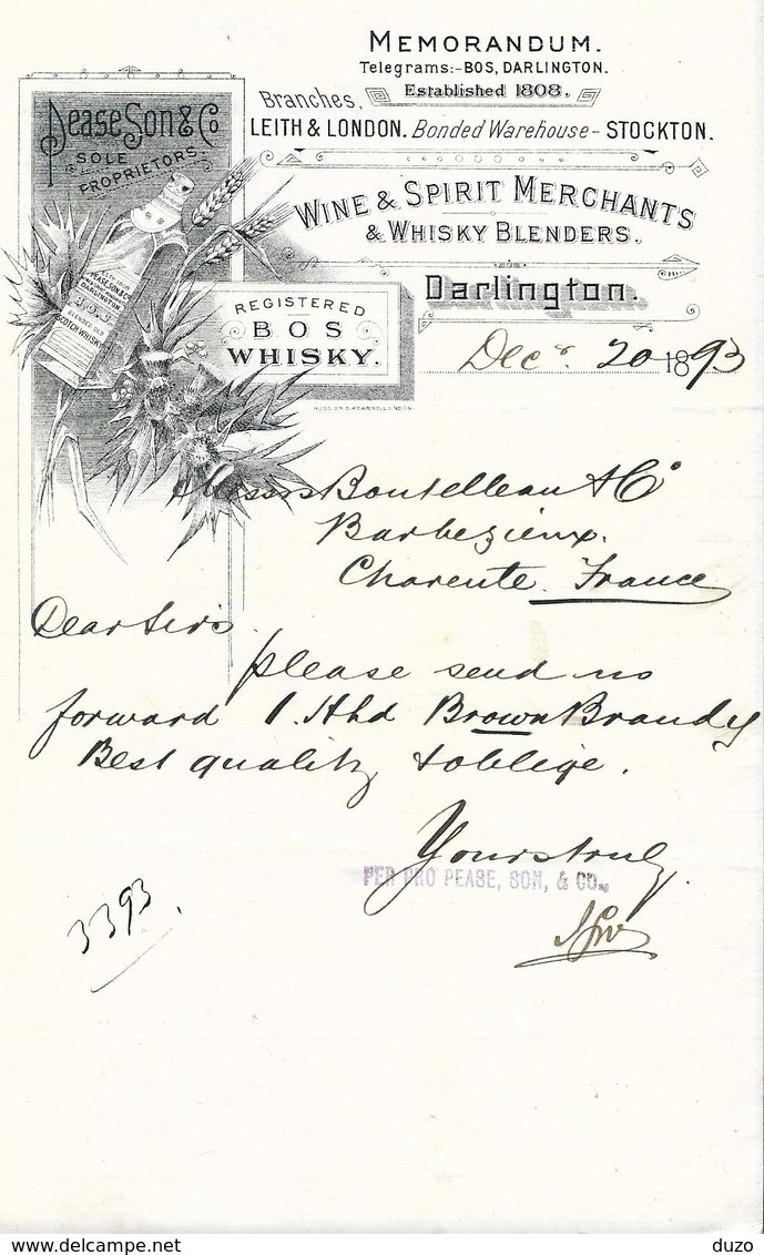 Royaume-Uni - Darlington - 1893 - T.Pease.Son & Co,Wine & Spirit Merchants & Wisky Blenders - Alcools