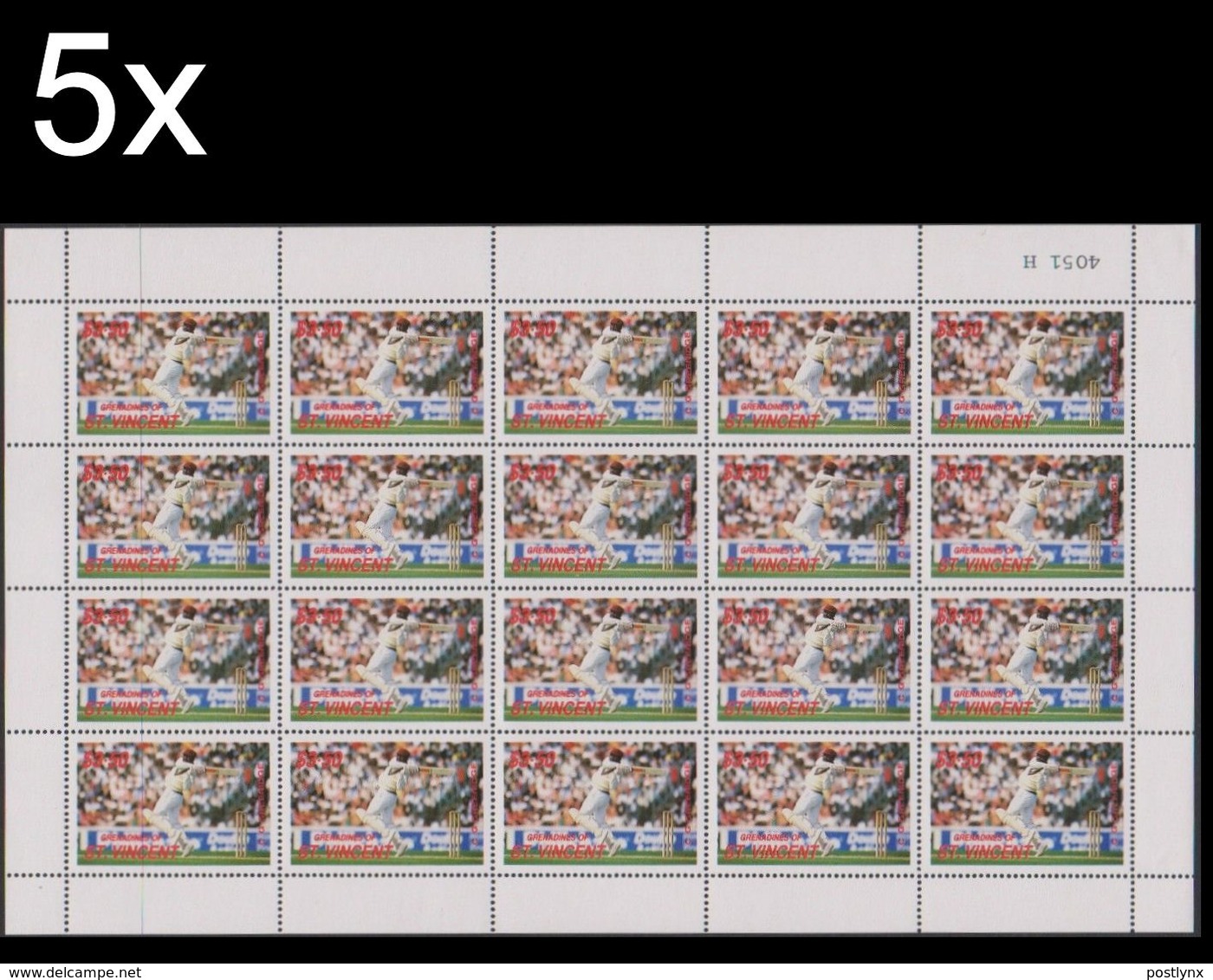 CV:€150  BULK:5x ST.VINCENT GRENADINES 1988 Cricket C.G.Greenidge $3.50 COMPLETE SHEET (20 Stamps) - Cricket