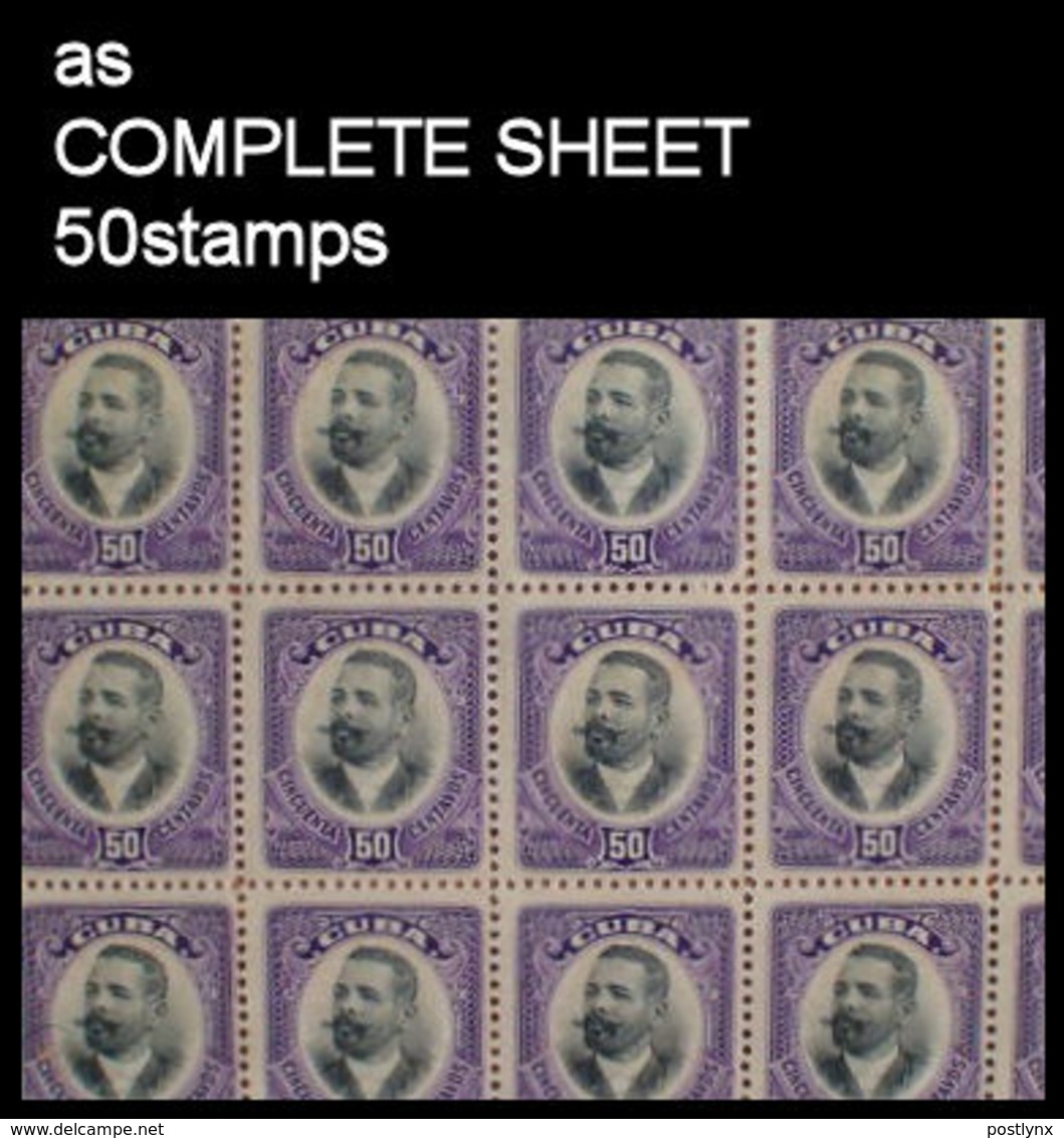 CUBA 1910 General Blk/violet 50c COMPLETE SHEET:50 Stamps - Neufs