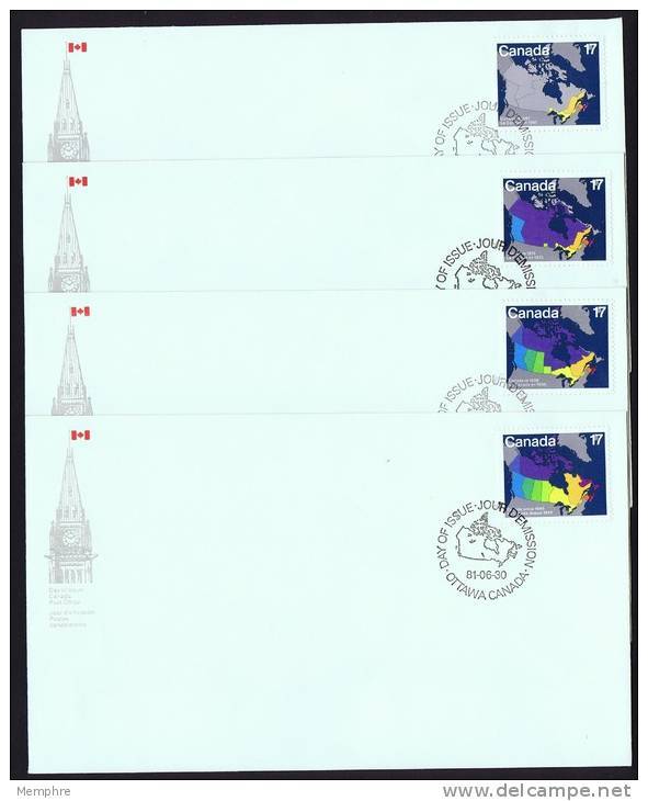 1981  Canada Day Maps Of Canada  Sc 890-93  On 4 FDCs - 1981-1990