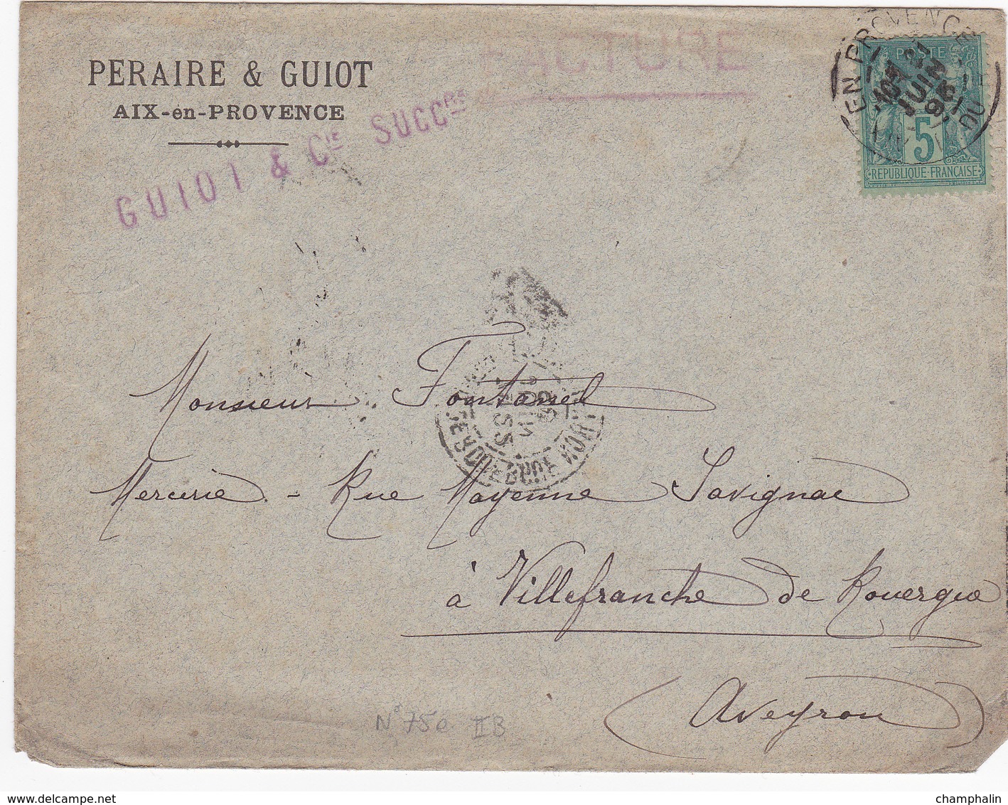 ESC De Aix-en-Provence (13) Pour Villefranche-de-Rouergue (12) - 21 Juin 1896 - Timbre Sage 5c YT75 E II B - CAD Rond - 1877-1920: Période Semi Moderne