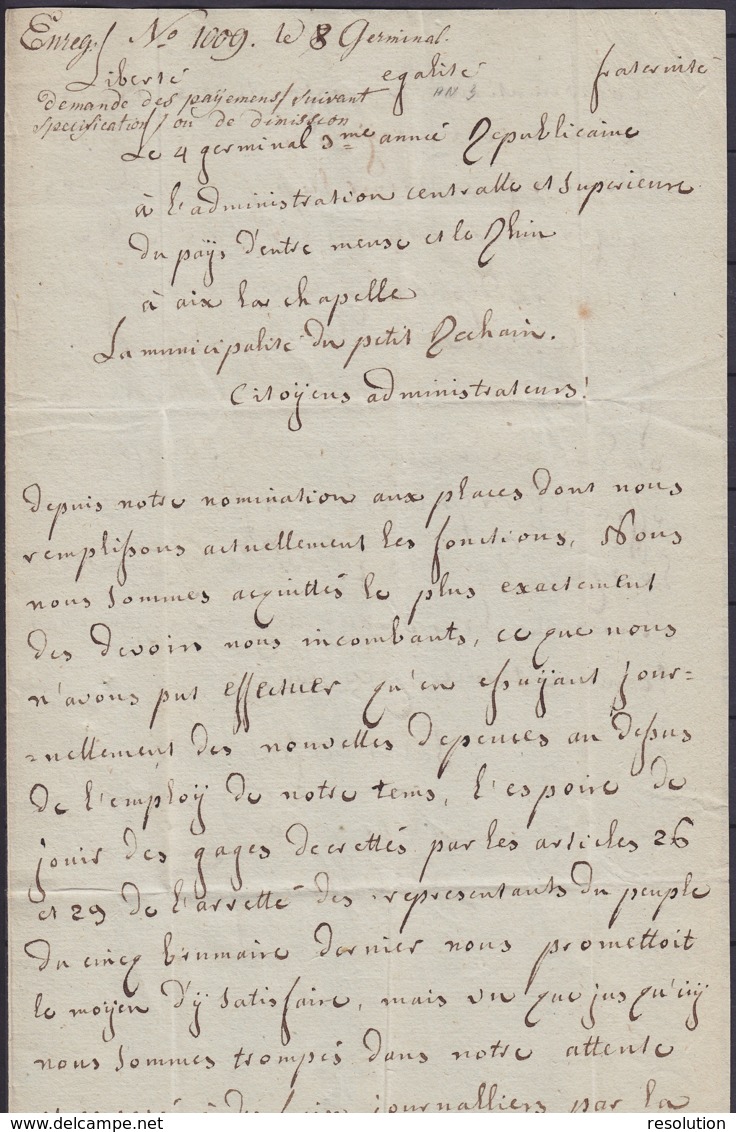 L. Datée 4 Germinal An 3 (1795) De La Municipalité De PETIT-RECHAIN Pour AIX-LA-CHAPELLE Par Battice - 1794-1814 (French Period)