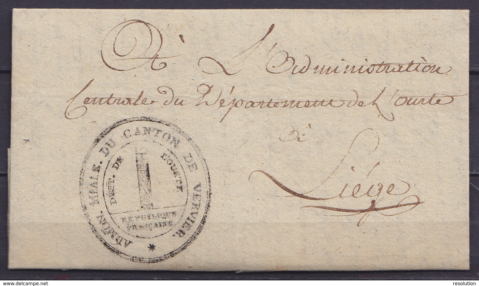 L. Datée 18 Floréal An 3 (1795) Pour LIEGE - Cachet "ADMon. Mpale. DU CANTON DE VERVIERS / DEPT. DE L'OURTE" - Superbe ! - 1794-1814 (Periodo Frances)