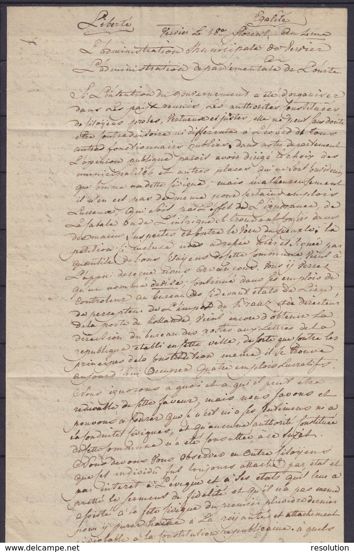 L. Datée 18 Floréal An 3 (1795) Pour LIEGE - Cachet "ADMon. Mpale. DU CANTON DE VERVIERS / DEPT. DE L'OURTE" - Superbe ! - 1794-1814 (Période Française)