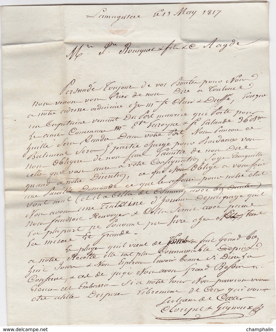 LAC De La Magistère (82) Pour Agde (34) - 13 Mai 1817 - Taxe Manuelle 6 - Marque Linéaire - 1801-1848: Voorlopers XIX