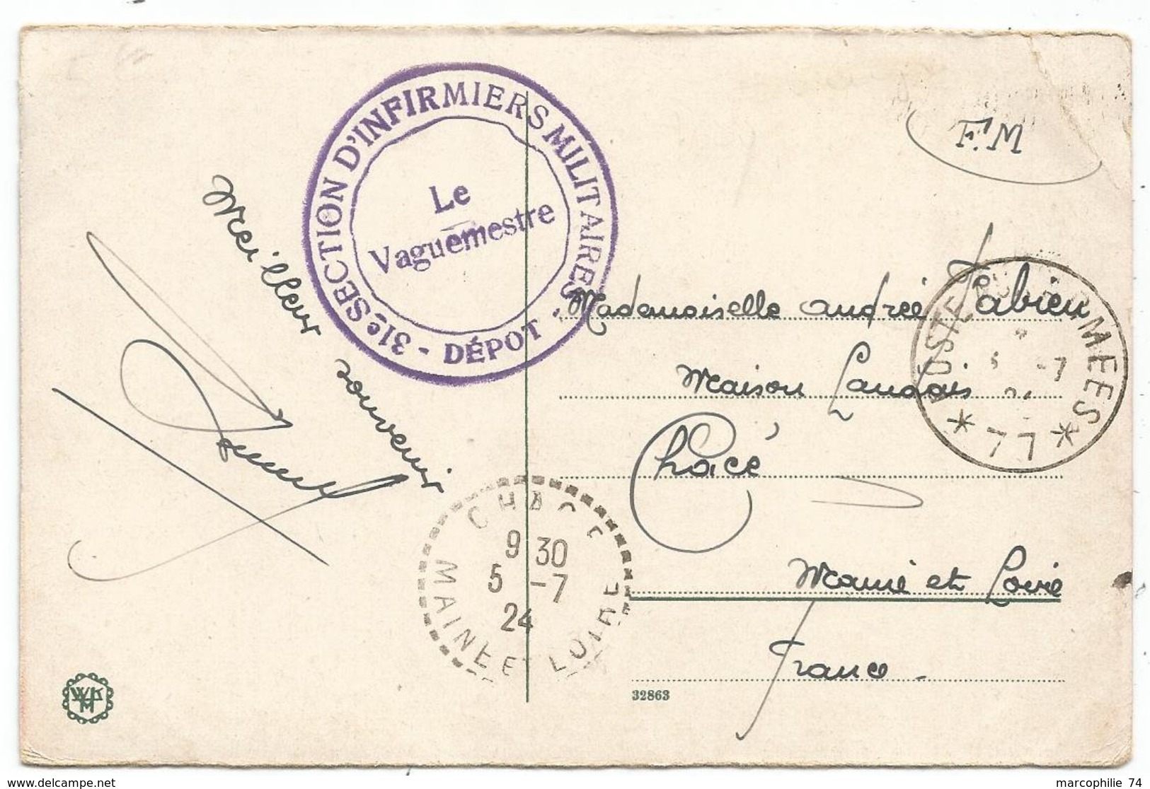 MAYENCE ALLEMAGNE CARTE POSTE AUX ARMEES 77 1924 + CACHET VIOLET 31E SECTION D'INFIRMIERS MILITAIRES DEPOT - Militärstempel Ab 1900 (ausser Kriegszeiten)