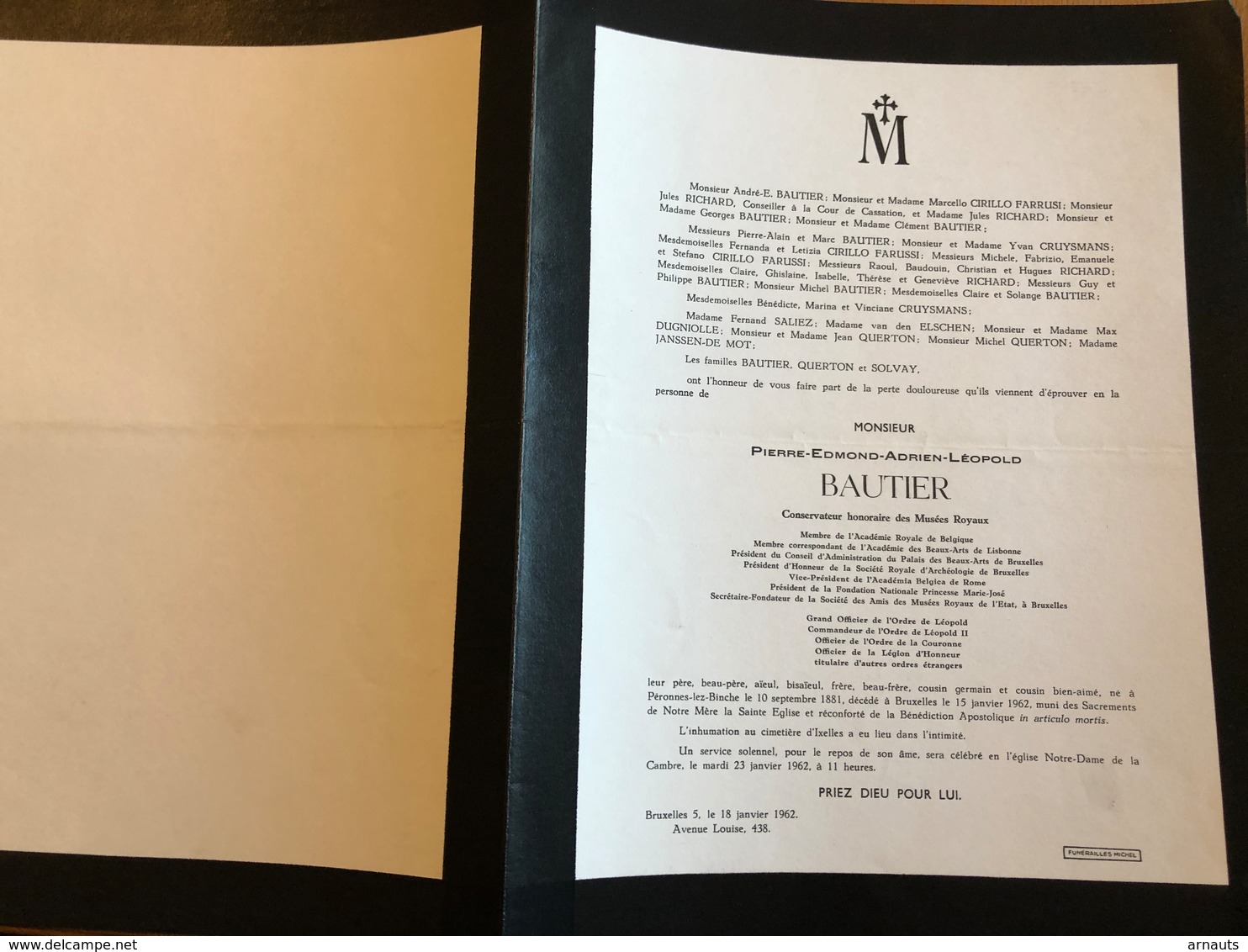 Bautier Pierre Conservateur Honoraire Musées Royaux *1881 Peronnes Lez Binches +Bruxelles 1962 Notre Dame De La Cambre C - Décès