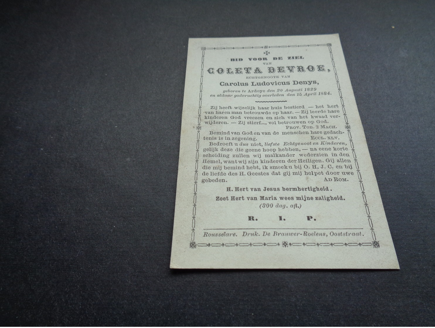 Doodsprentje ( 237 )   Devroe / Denys  -  Ardoye  Ardooie   1884 - Obituary Notices