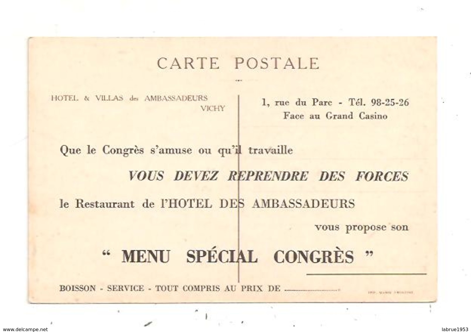 Vichy- Carte Pub- Hôtel Des Ambassadeurs-(D.6072) - Vichy