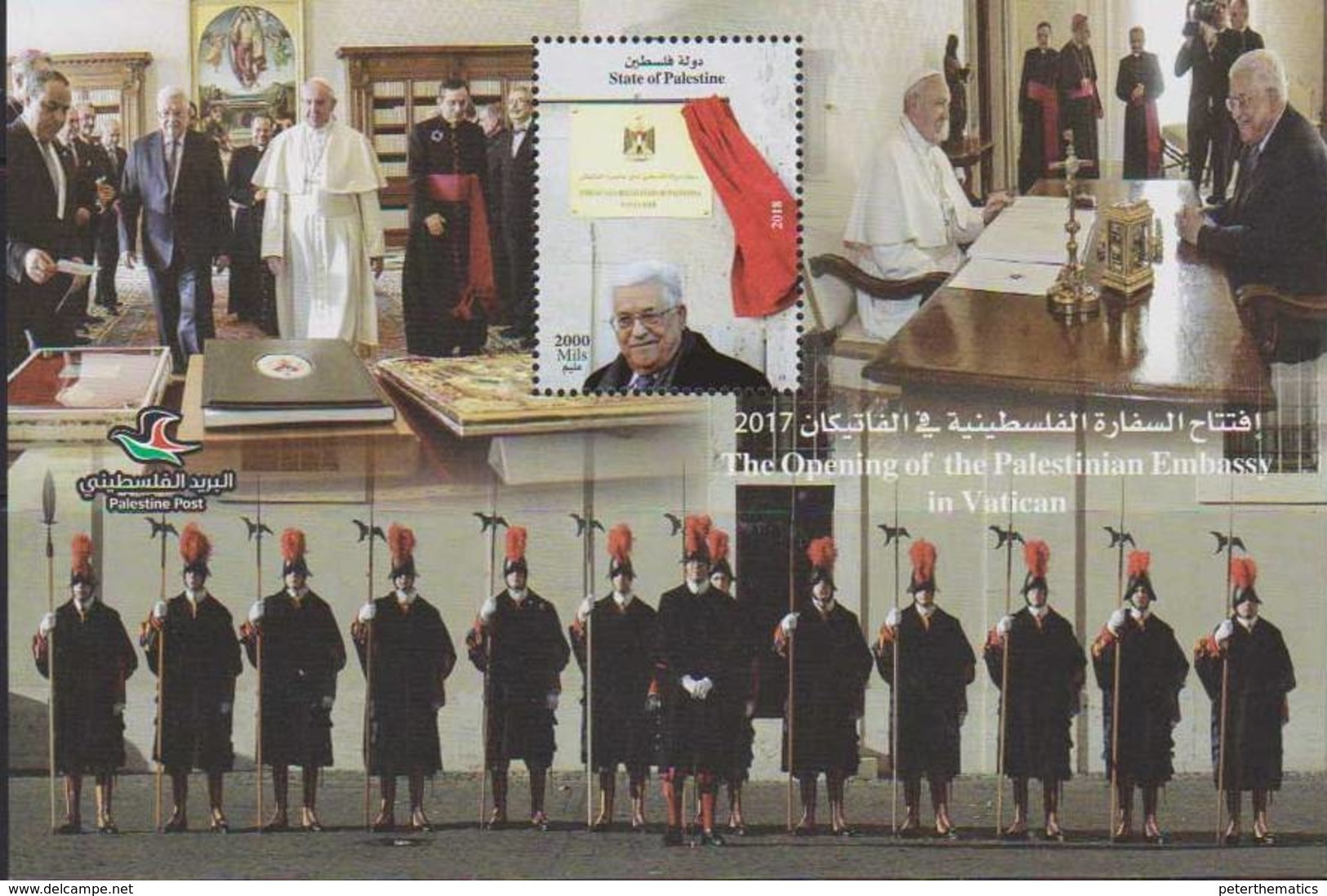 PALESTINE, 2018, MNH, OPENING OF PALESTINIAN EMBASSY IN VATICAN ,POPE FRANCIS, VATICAN GUARD, MILITARY, SHEETLET - Militaria