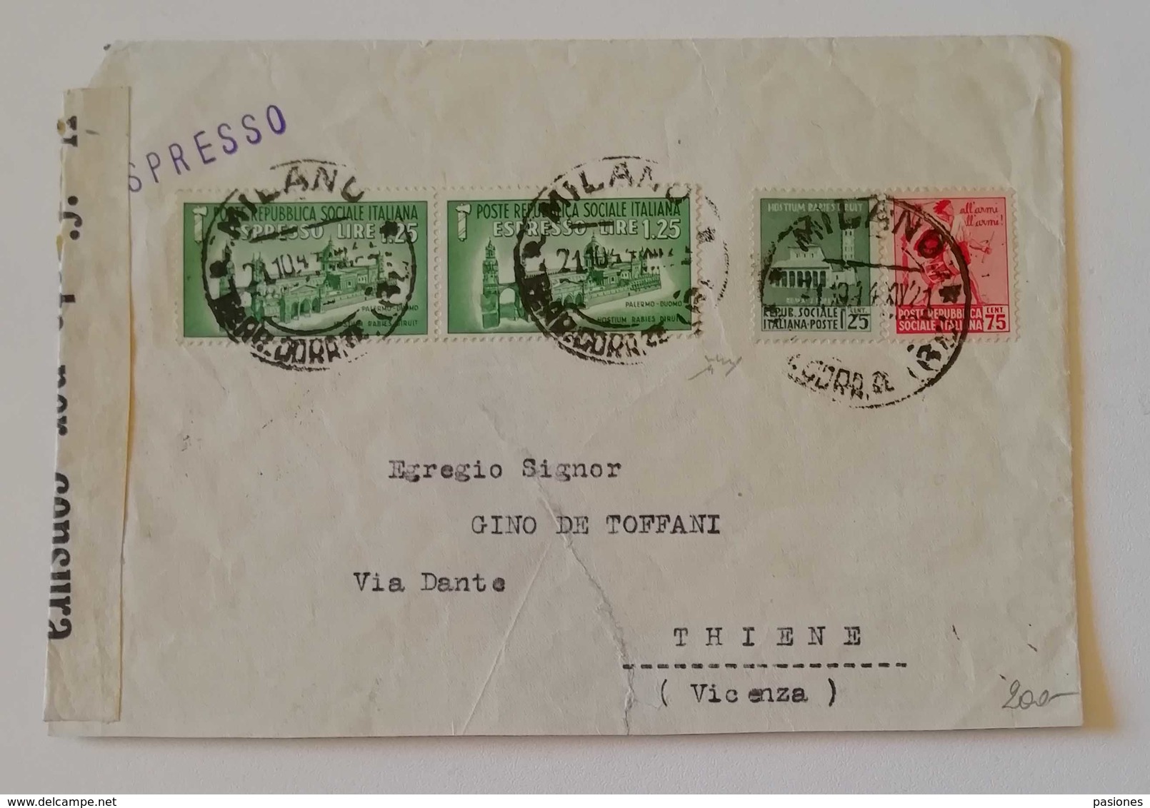 Busta Di Lettera Espresso Milano-Thiene - 16/11/1944 Siglata - Poste Exprèsse