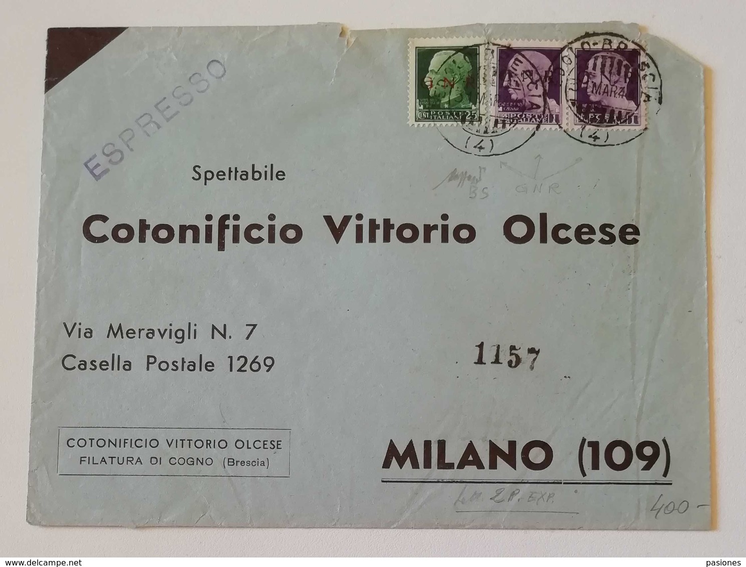 Busta Di Lettera 2 Porti Espresso Cogno-Milano - 31/03/1944 Affrancata Con 25cent. + Coppia L.1 GNR Siglata Caffaz - Storia Postale