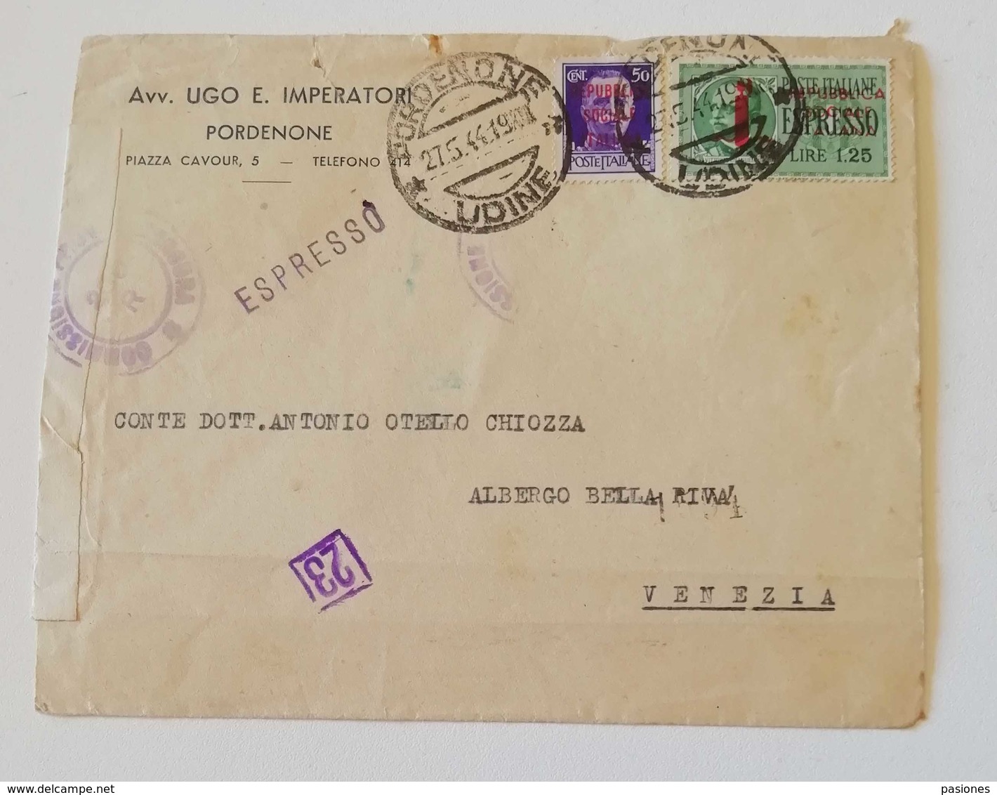 Busta Di Lettera Espresso Pordenone-Venezia - 27/05/1944 - Posta Espresso