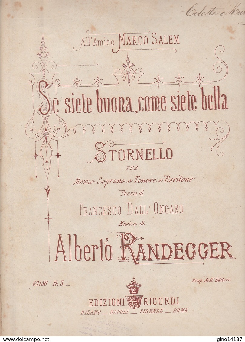 Spartito Stornello SE SIETE BUONA COME SIETE BELLA Di A. Randegger - Ed Ricordi - Operaboeken