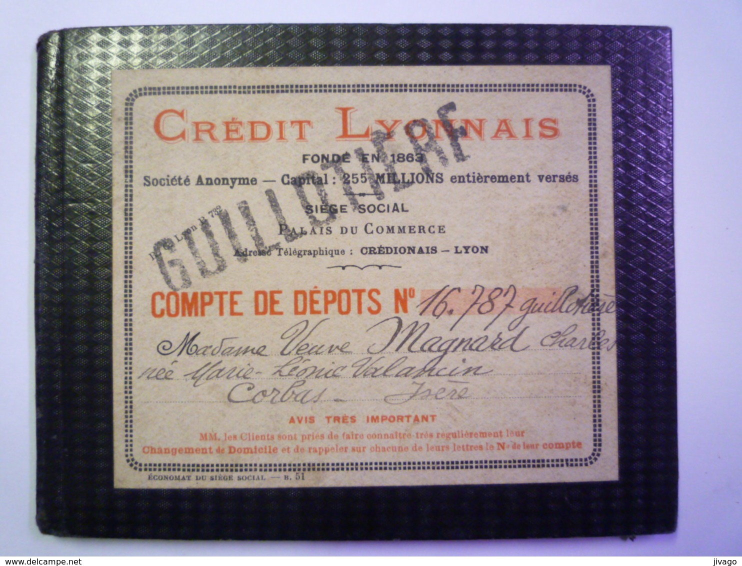 2020  - 4558  CREDIT LYONNAIS  :  COMPTE De DEPÔT  (Corbas Isère  1930)  XXX - Zonder Classificatie