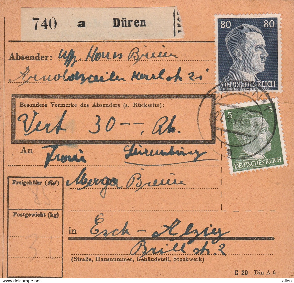 Duitse 5 + 80 Pf Op Pakketkaart Düren Naar Esch/Alzig 8.5.44 - Op Verso "zustellgebühr...". - 1940-1944 Duitse Bezetting