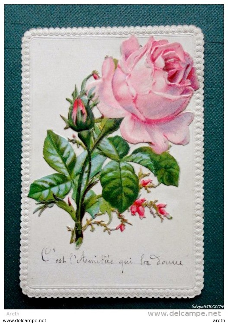 Ancienne Image : Amitié - Rose En Découpis - 1886 - Fleurs