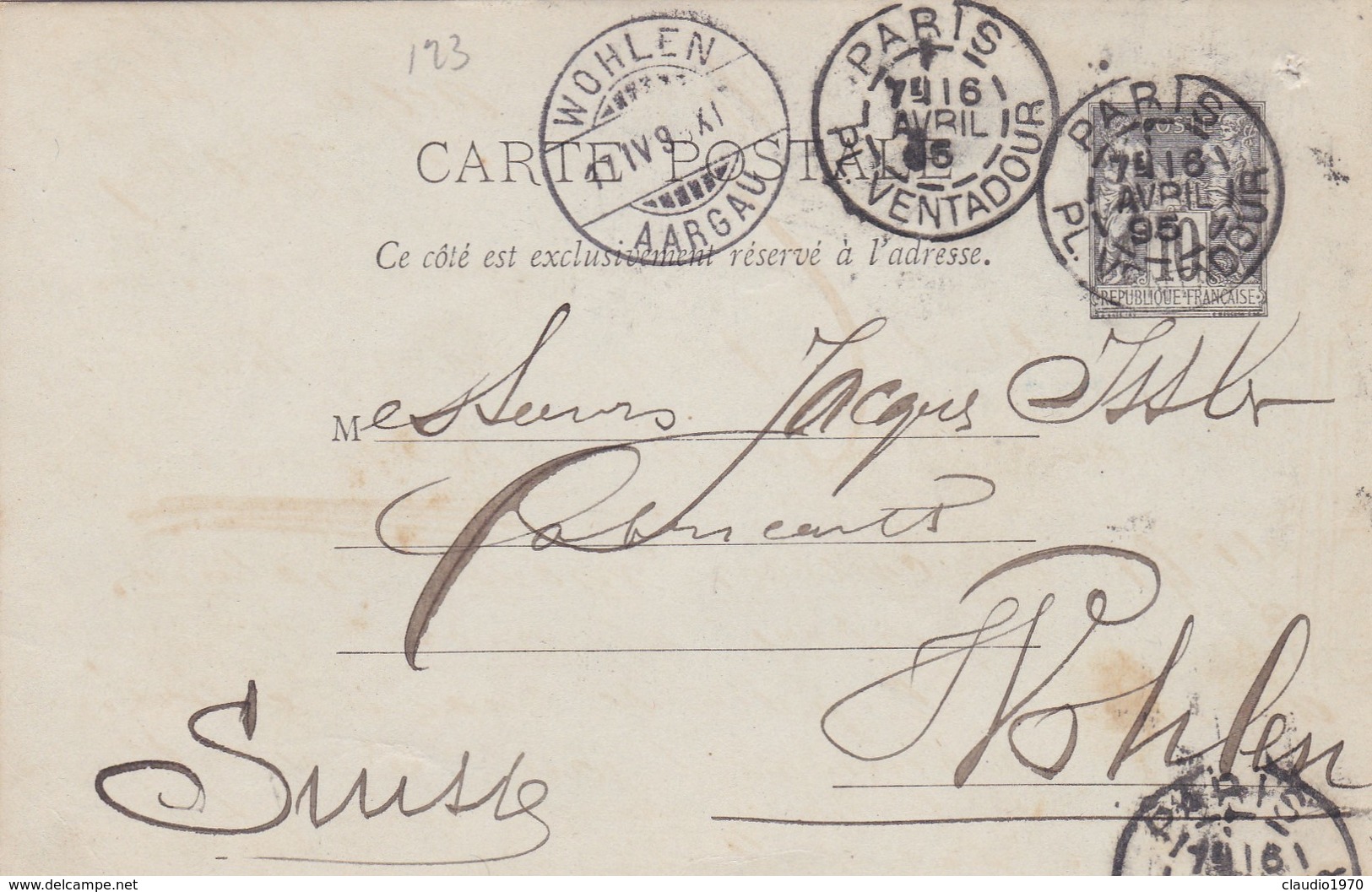 FRANCIA - INTERO POSTALE 10.C - PARIS  - AARGAU ( SUISSE ) - SVIZZERA - 1876-1898 Sage (Type II)