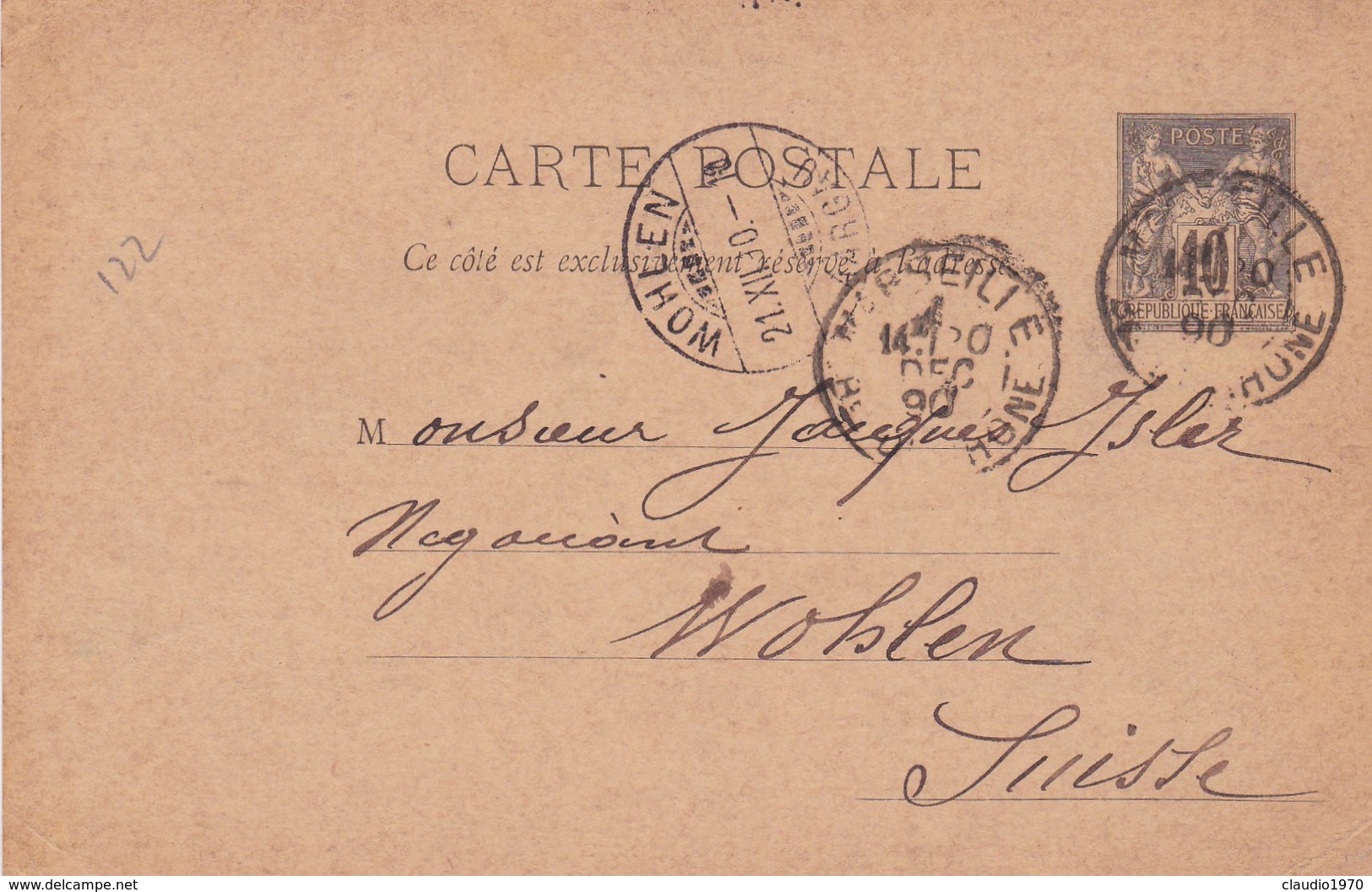FRANCIA - INTERO POSTALE 10.C - MARSILLE  - AARGAU ( SUISSE ) - SVIZZERA - 1876-1898 Sage (Type II)