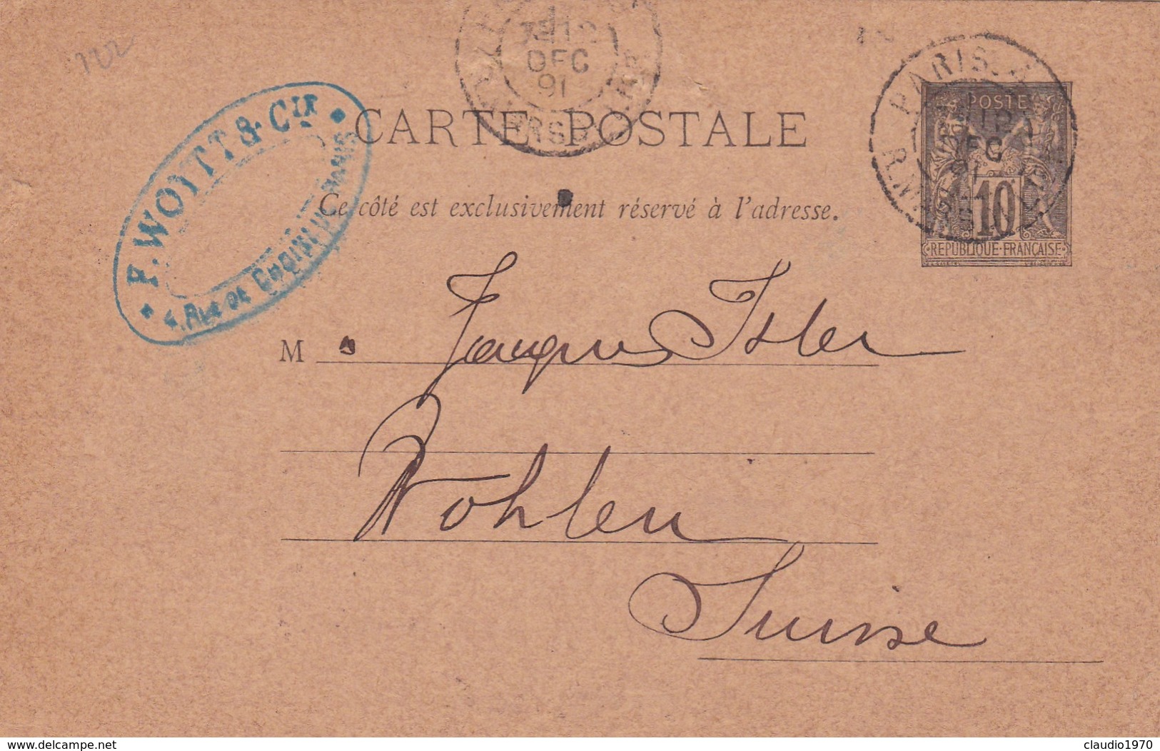 FRANCIA - INTERO POSTALE 10.C - PARIS - VIAGGIATA PER AARGAU ( SUISSE ) - SVIZZERA - 1876-1898 Sage (Type II)