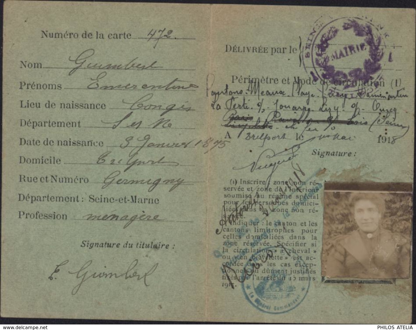 Guerre 14 Carte De Circulation Pour Citoyens Français Résidant Dans La Zone Des Armées Commune Trilport Seine Marne - Guerre De 1914-18