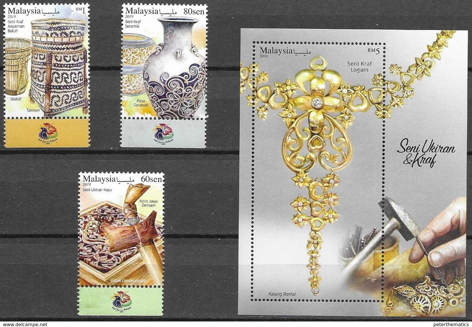 MALAYSIA, 2019, MNH, LOCAL ART, CRAFTS, JEWELLERY, POTTERY, WOOD CARVING, 3v+S/SHEET - Other & Unclassified